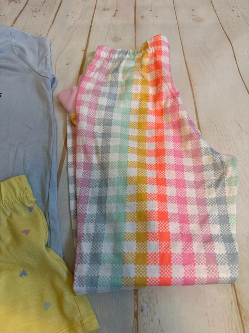 Cat & Jack 3-Piece Rainbow Pajama Set with Yellow Shorts and Pastel Plaid Pants
